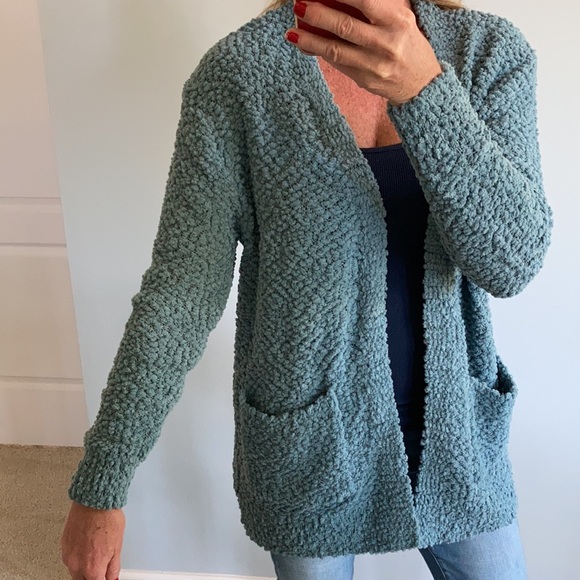 Blue/Green Color Popcorn Texture Open Cardigan - Picture 6 of 9